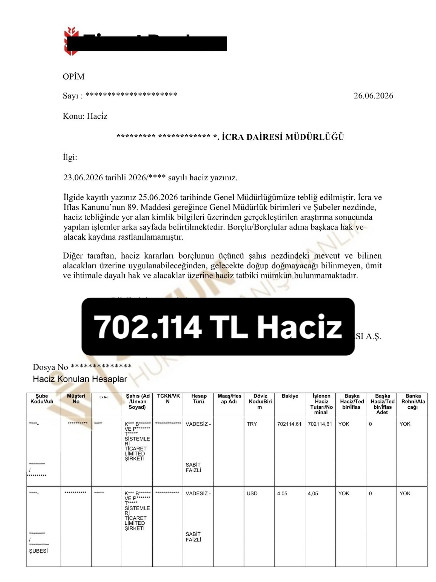 ZÜRİCH MENKUL DEĞERLER ADINI KULLANAN (ZRH YATIRIM /ZRHMENKUL.COM) Yasadışı Forex şirketine ait paravan şirketten, müvekkil lehine tespit edilen ve hacizlenen bakiye tutarıdır. İlk sıradan hacizlenmiştir